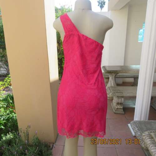Seriously sexy pink one shoulder acrylic lace dress with stretch polyester inner. Size 34 to 36.