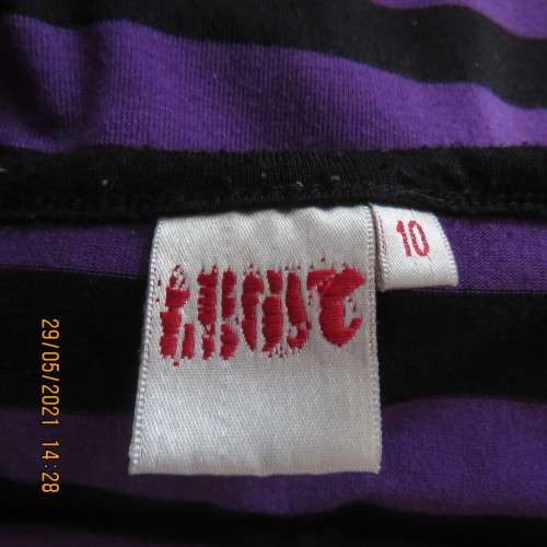 Cute purple and black horizontal striped slip over top in poly/viscose blend. Size 34 by LEGIT