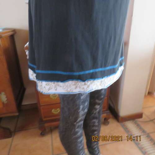 Beautiful black stretch cotton KHEERA long top with white/beige and grey/blue inlays.Size 36/38