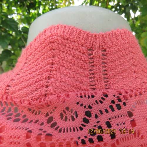 Lovely coral colour capped sleeve bolero in stretch acrylic lace. Size 34/10 by FASHION EXPRESS.