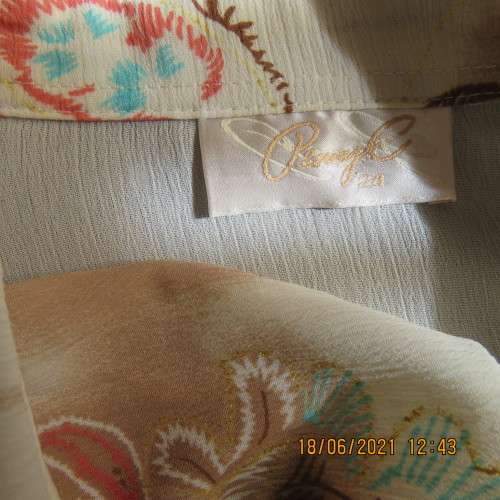 PENNY C rich cream button down top with brick/brown and blue paisley pattern. Size 48/24. As new