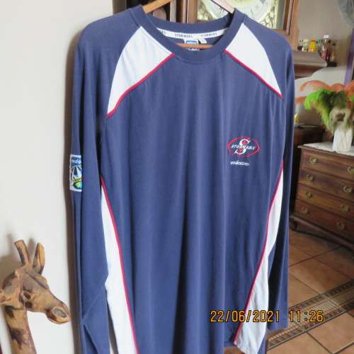 Men`s long sleeve navy T Shirt  with white/red inlays. By VODACOM Super 14 for STOMERS Rugby in XL