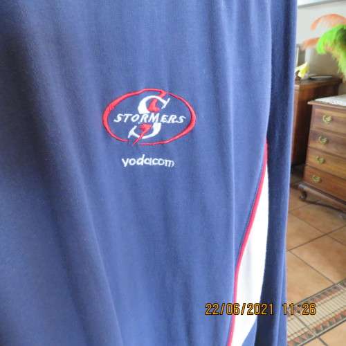 Men`s long sleeve navy T Shirt  with white/red inlays. By VODACOM Super 14 for STOMERS Rugby in XL
