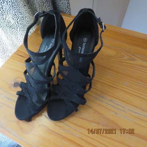 Pair of smart black suede strappy pumps with ankle straps. Size 5 by FASHION EXPRESS glamour.As new.