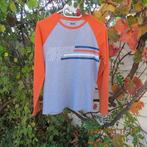 Handsome Boy`s long raglan sleeve T Shirt in silver grey and orange.`Power Off` logo. For 13yr old.