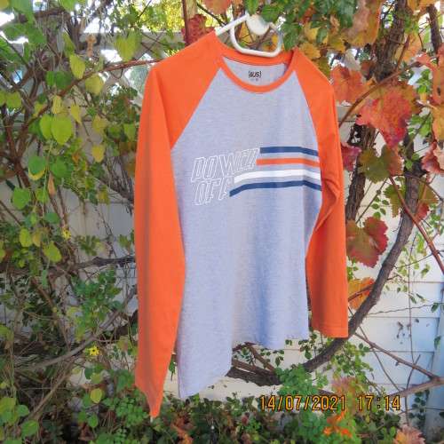Handsome Boy`s long raglan sleeve T Shirt in silver grey and orange.`Power Off` logo. For 13yr old.