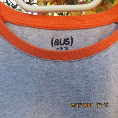 Handsome Boy`s long raglan sleeve T Shirt in silver grey and orange.`Power Off` logo. For 13yr old.