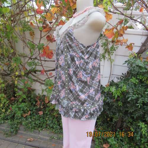 Summer olive green-cream check with blue-peach flowers.Adjustable straps.Size 34.As new