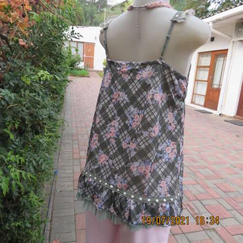 Summer olive green-cream check with blue-peach flowers.Adjustable straps.Size 34.As new