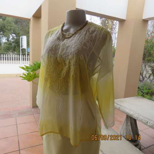 Sheer embellished polyester paneled slip over yellow top. Size 36/12. Three button opening.As new