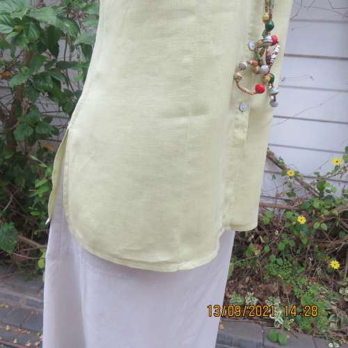 Yellowgreen 100% linen sleeveless button down top. By WOOLWORTHS in size 38/14. In new condition.