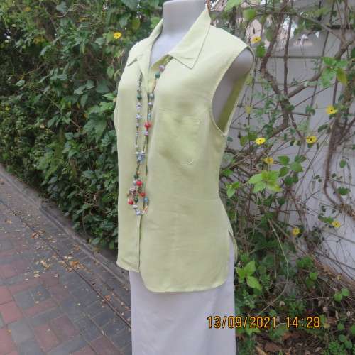 Yellowgreen 100% linen sleeveless button down top. By WOOLWORTHS in size 38/14. In new condition.