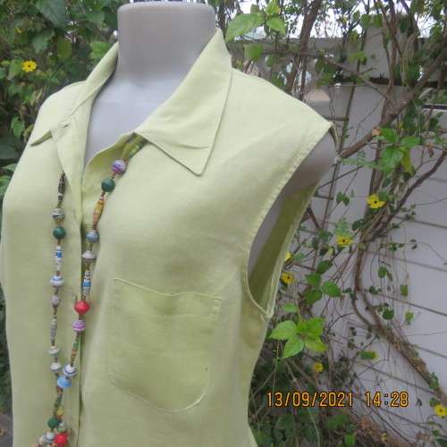 Yellowgreen 100% linen sleeveless button down top. By WOOLWORTHS in size 38/14. In new condition.