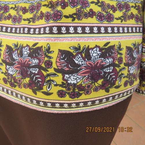 Feminine mustard yellow off the shoulder long sleeve top with crimson.maroon flowers.Size 32 to 34.