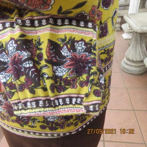 Feminine mustard yellow off the shoulder long sleeve top with crimson.maroon flowers.Size 32 to 34.