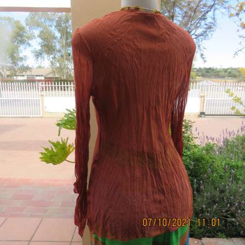 Slip over brick colour sheer crinkled polyester OASIS top with long angel sleeves.Size 34/10. As new