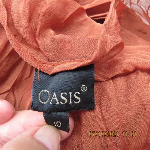 Slip over brick colour sheer crinkled polyester OASIS top with long angel sleeves.Size 34/10. As new