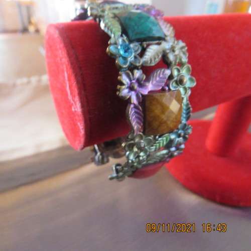 Colouful fit all sizes bangle with square stones on copper base. Tiny flowers. As new.