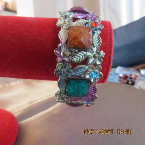 Colouful fit all sizes bangle with square stones on copper base. Tiny flowers. As new.
