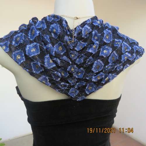 Youthful black velvet dropped waist dress. Acrylic lace,blue,gold skirt and shoulders.Size32 byOTT
