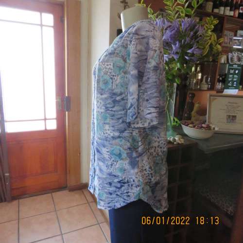 Exquisite 100% rayon CUPID short sleeve top in medley of blues and turquoise.Button down.New cond.