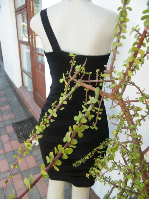 Amazing black bodycon one shoulder size 32/8 dress with black floral/silver decoration.By TRUWORTHS.