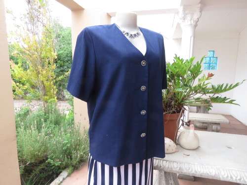 Elegant short sleeve navy box style jacket/top.V neck with button down front.By SOFT BLOUSE size 40.