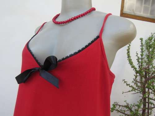 Sexy red stretch cotton strappy V neck nighty in size 40/16 by DREAMCATCHER. Tree and owl picture