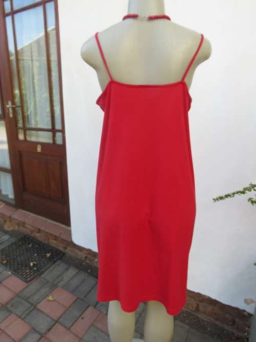 Sexy red stretch cotton strappy V neck nighty in size 40/16 by DREAMCATCHER. Tree and owl picture