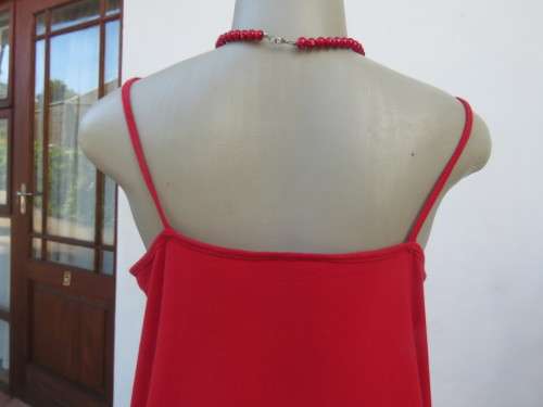 Sexy red stretch cotton strappy V neck nighty in size 40/16 by DREAMCATCHER. Tree and owl picture