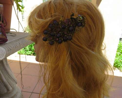 Amazing peacock design hairclip with purple stones and antique gold metal clip. New