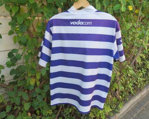 ADIDAS blue and white horizontal striped  WP rugby top size Large. Polyester. Fair condition.