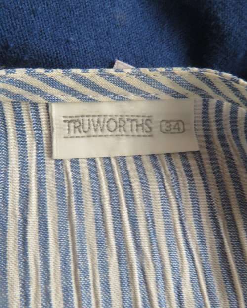 Elegant creased poly/rayon vertical striped blue/white short sleeve top by TRUWORTHS 34/10.As new