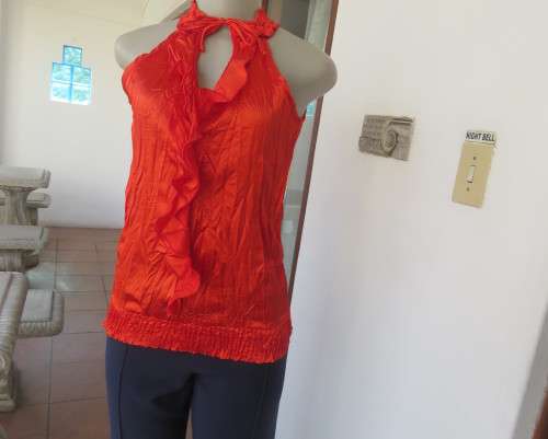 Sweet red silky creased blouson sleeveless top.Wide elasticated seamline.Size 30/6 by IQ.New cond.