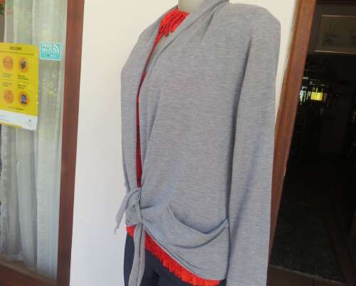 Handy silvergrey light weight long sleeve poly/rayon waterfall style top by WOOLWORTHS size 34 to 36