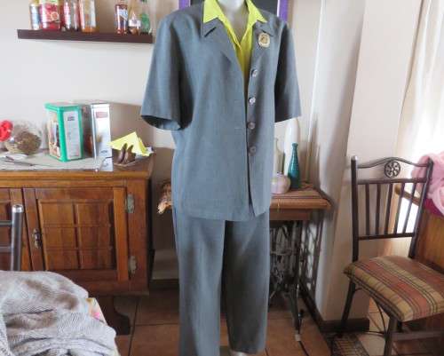As new mottled grey pant suite size 42/18 by TOPICS Dress pants. Short sleeve 4 button down jacket