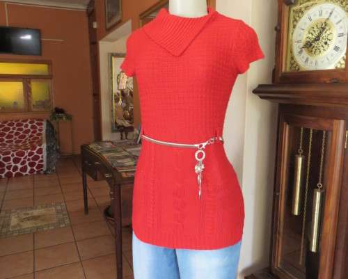 Red Acrylic Knit Top with Open Poloneck, Cable Stitch, DESTINY, Size 28/4 - 13/14 Yr