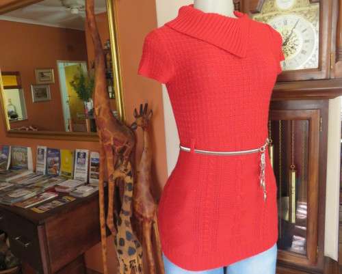 Red Acrylic Knit Top with Open Poloneck, Cable Stitch, DESTINY, Size 28/4 - 13/14 Yr