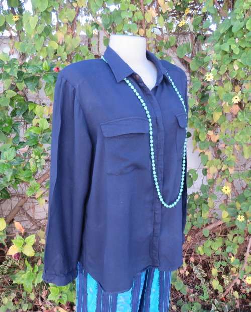 Soft warm 100% viscose long sleeve top in navy with hidden button down front. By CONTEMPO size 40/16