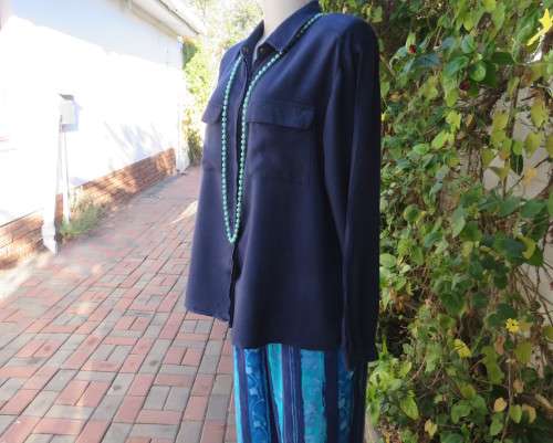 Soft warm 100% viscose long sleeve top in navy with hidden button down front. By CONTEMPO size 40/16