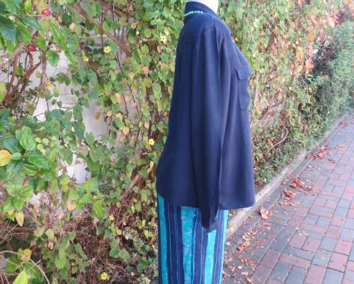 Soft warm 100% viscose long sleeve top in navy with hidden button down front. By CONTEMPO size 40/16