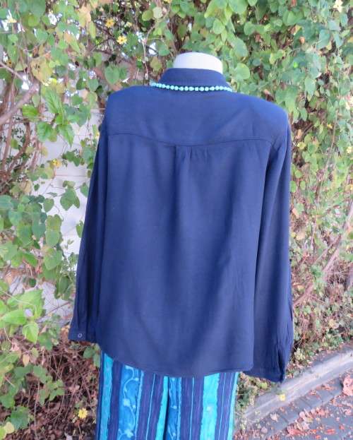 Soft warm 100% viscose long sleeve top in navy with hidden button down front. By CONTEMPO size 40/16