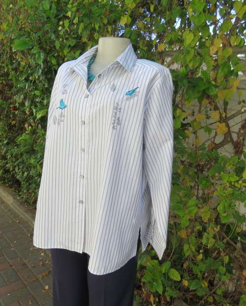 Tastefully blue bird embroidered white/grey striped polycotton size 42/18 long sleeve top.As new
