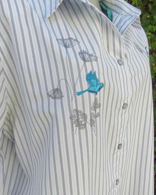 Tastefully blue bird embroidered white/grey striped polycotton size 42/18 long sleeve top.As new