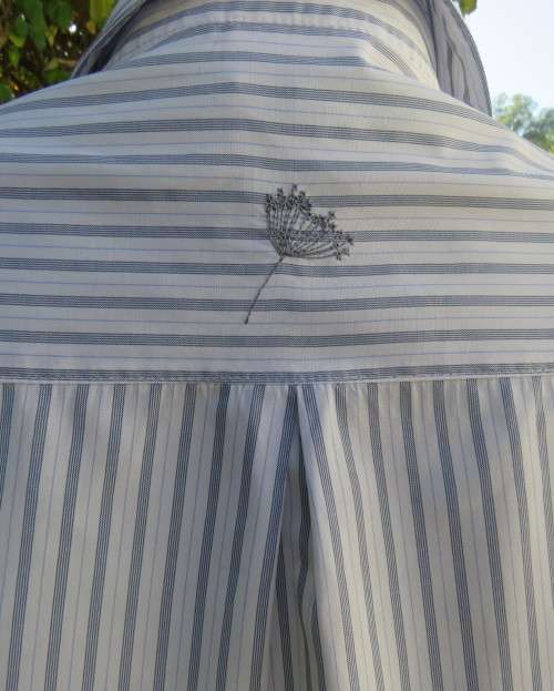 Tastefully blue bird embroidered white/grey striped polycotton size 42/18 long sleeve top.As new
