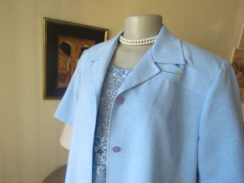 Skyblue 3 pc pant suit. Ankle ants,lace slip over top and short sleeve jacket.Size 40.By SALLY FAYE