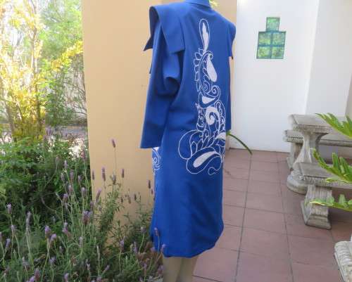 Stunning ensemble in royal blue cotton.Kick out skirt with long open embroidered coat size 34.As new