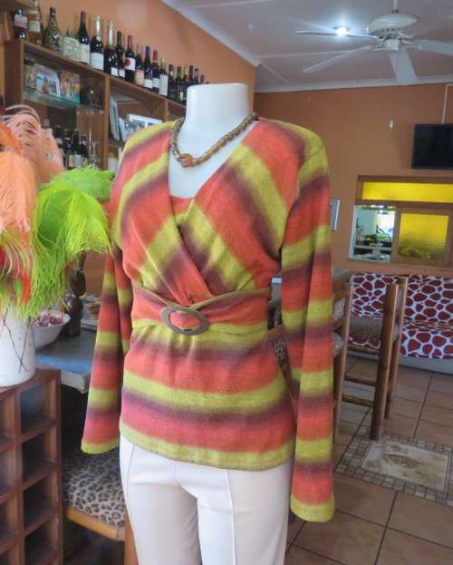Warm mustard/coral/brick colour striped long sleeve stretch poly top.Size 38 by EXACT.Cross over