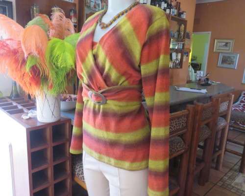 Warm mustard/coral/brick colour striped long sleeve stretch poly top.Size 38 by EXACT.Cross over