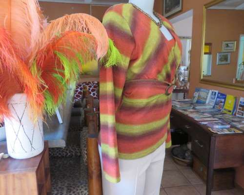 Warm mustard/coral/brick colour striped long sleeve stretch poly top.Size 38 by EXACT.Cross over